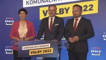 Tisková konference koalice SPOLU při sčítání volebních výsledků ke komunálním a senátním volbám