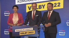 Tisková konference koalice SPOLU při sčítání volebních výsledků ke komunálním a senátním volbám