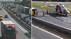 Dálnici D5 zablokovala hromadná nehoda. Pro zraněného řidiče letěl vrtulník