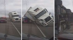 VIDEO: Silný vítr převrátil jedoucí kamion, ten rozdrtil policejní auto