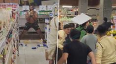 VIDEO: Muž se polil olejem a snažil se vyklouznout policii. Zdemoloval půlku krámu