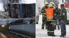 Řidiče sužuje ledovka a sníh! Vítr sfoukl z vozovky i autobus