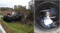 To tu ještě nebylo! Auto se převrátilo a srazilo krávu do jímky