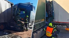 Srážka dvou kamionů uzavřela Pražský okruh. Řidiče vyprošťovali hasiči