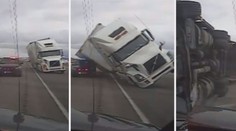 VIDEO: Silný vítr převrátil jedoucí kamion, ten rozdrtil policejní auto
