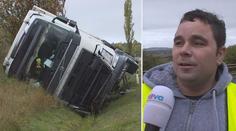Kamion skončil v příkopu. Řidič nenadýchal, test na drogy odmítl