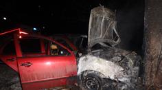 Auto po nárazu do stromu pohltily plameny. Zbyl z něj ohořelý vrak