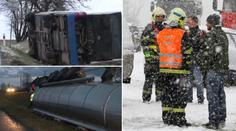 Řidiče sužuje ledovka a sníh! Vítr sfoukl z vozovky i autobus