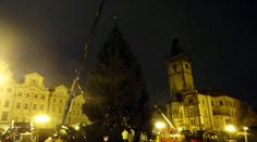 Vánoční strom projel noční Prahou. Už trůní na Staromáku