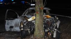 Auto plné mladých lidí narazilo do stromu. Řidič (21) v něm uhořel