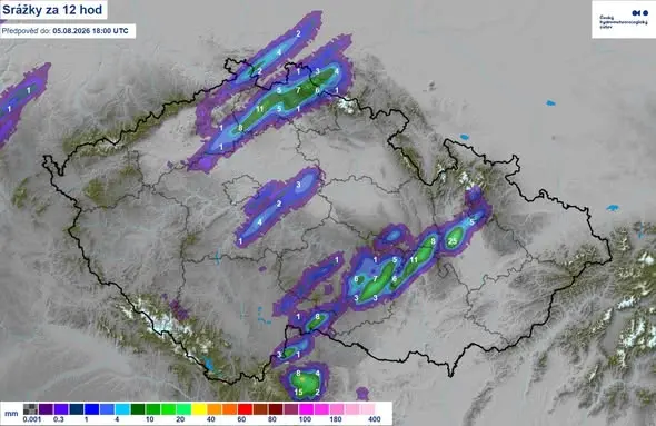 Mapa srážek do 18 hodin