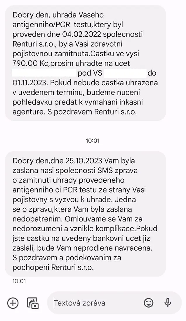 SMS o úhradě testu na covid