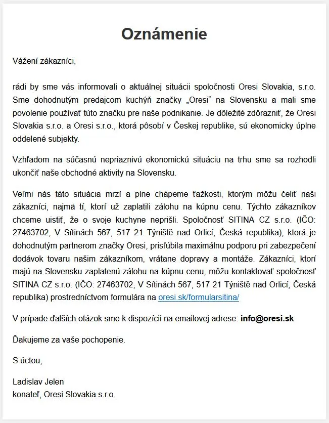 Oznámení Oresi Slovakia