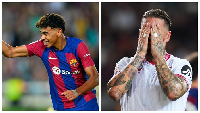 Lamine Yamal (vlevo) a Sergio Ramos