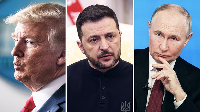 Donald Trump, Volodymyr Zelenskyj a Vladimir Putin
