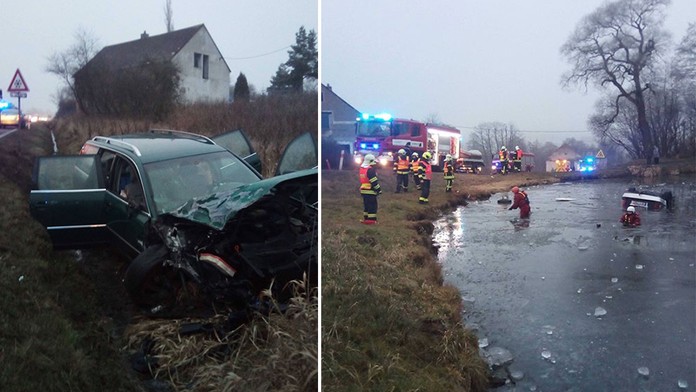 Jedno z aut skončilo po nehodě v rybníku, osm lidí se zranilo