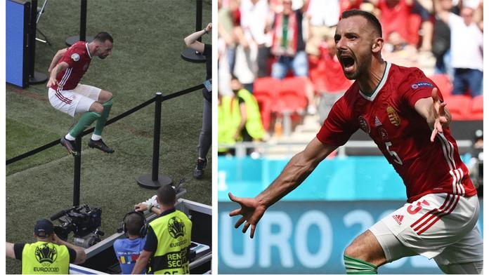 Attila Fiola oslavuje gól proti Francii
