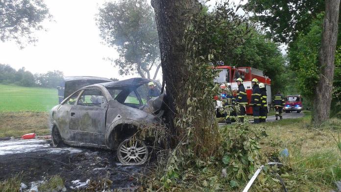 Děsivá smrt! Řidič na jihu Čech trefil strom a uhořel v autě!