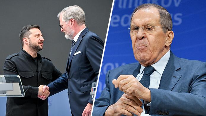 Volodymyr Zelenskyj, Petr Fiala a Sergej Lavrov