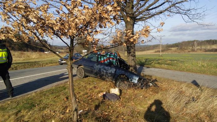 Řidič audi na křižovatce trefil strom, na místě zemřel