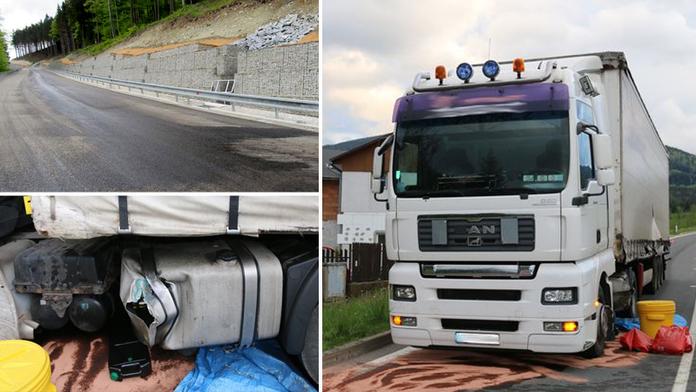 Kamioňák vjel, kam neměl, prorazil nádrž a zničil asfalt za miliony