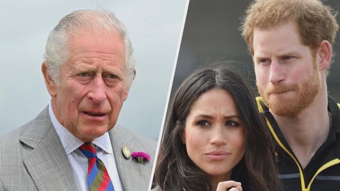 Král Karel III., princ Harry a Meghan Markleová