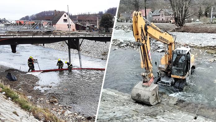 Únik oleje z bagru na řece Bělé v České Vsi
