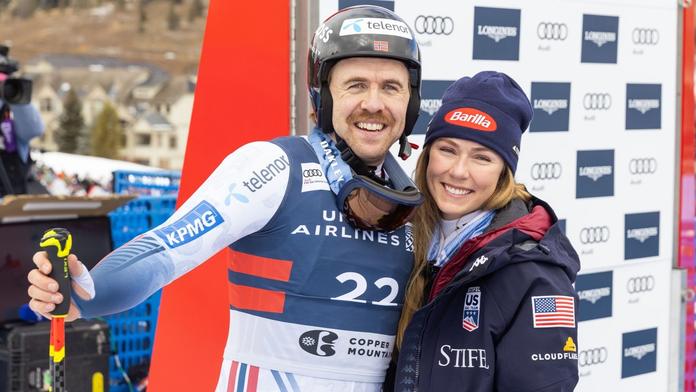 Aleksander Aamodt Kilde se svou partnerkou Mikaelou Shiffrinovou