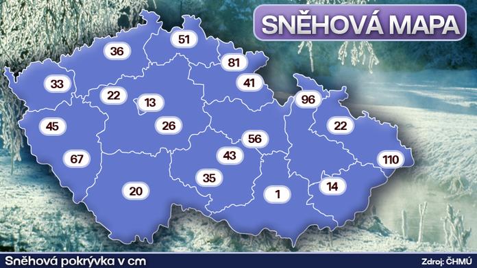 SNĚHOVÁ MAPA: Někde je přes metr sněhu. V Brně skoro nic!