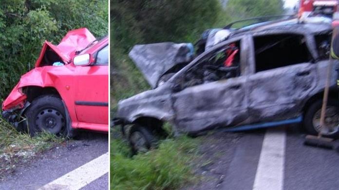 Náraz a fiat totálně shořel! Řidička bojuje o život!