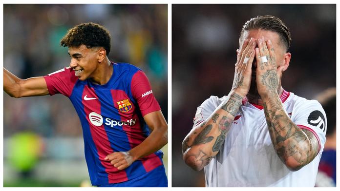 Lamine Yamal (vlevo) a Sergio Ramos