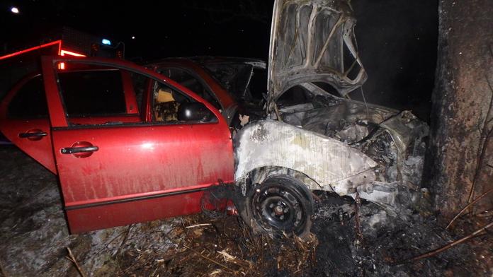 Auto po nárazu do stromu pohltily plameny. Zbyl z něj ohořelý vrak
