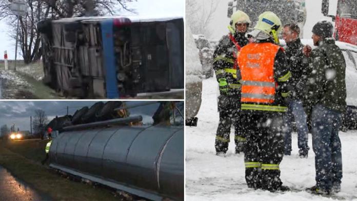 Řidiče sužuje ledovka a sníh! Vítr sfoukl z vozovky i autobus