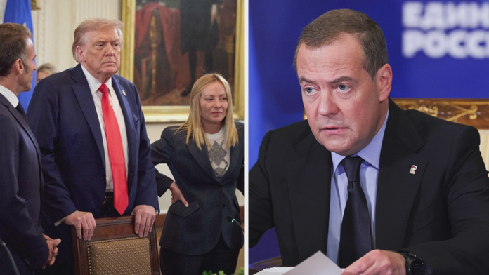 Emanuel Macron, Donald Trump, Giorgia Meloniová a Dmitrij Medveděv