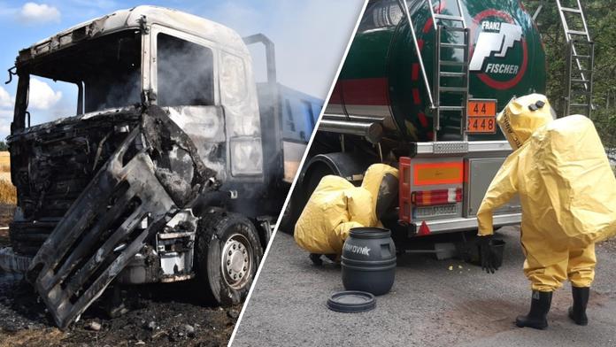 Na Kutnohorsku shořel kamion plný obilí, hasiči řešili i únik síry z cisterny
