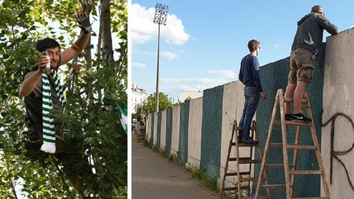 Štafle, stromy, balkony! Fanoušci si cestu na živý fotbal stejně našli