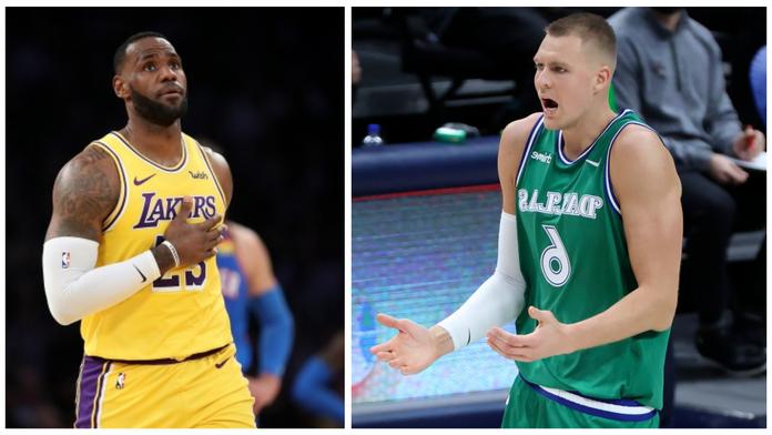 LeBron James (vlevo) a Kristaps Porzingis (vpravo)