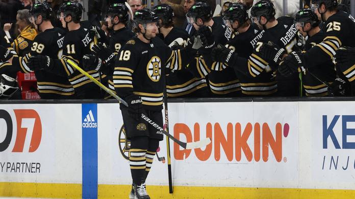 Pavel Zacha slaví gól se svými spoluhráči z Bostonu Bruins
