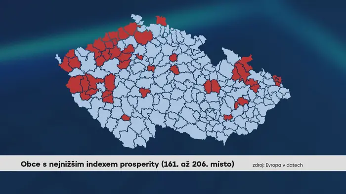 Obce s nejnižším indexem prosperity (161. až 206. místo)