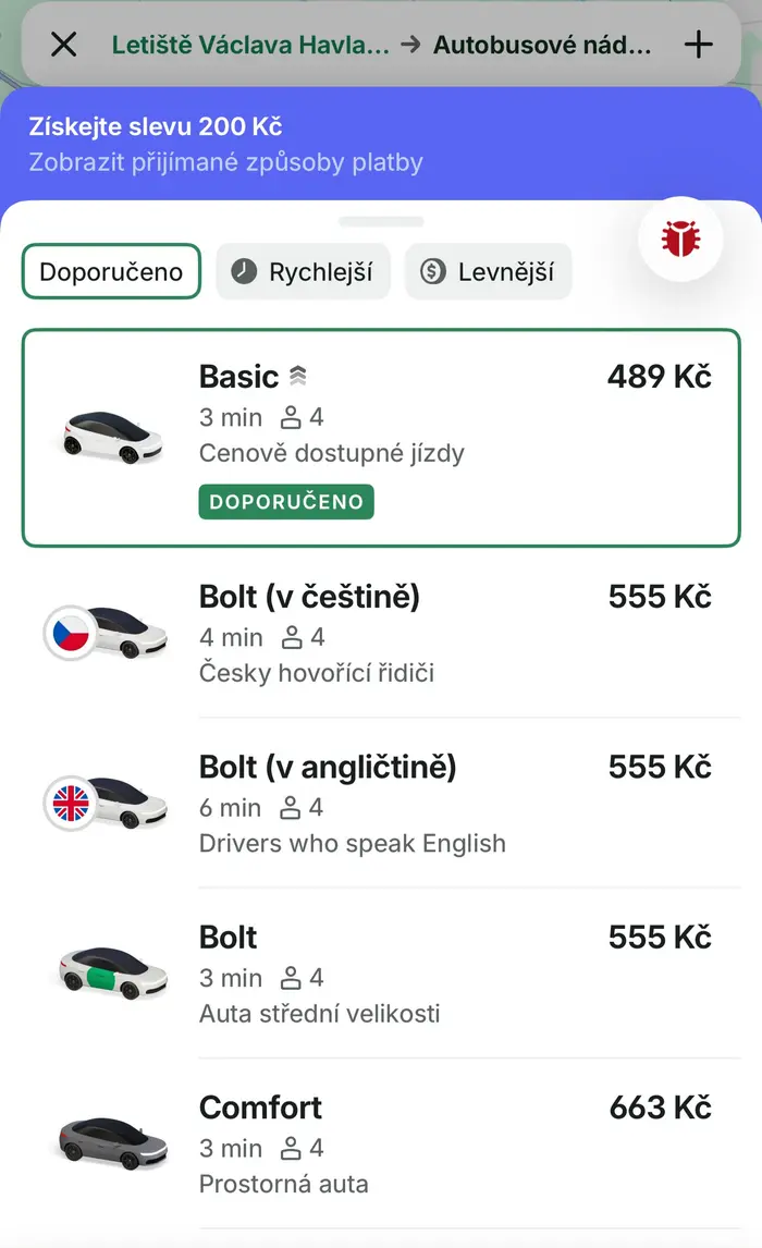Nabídka jízd Bolt