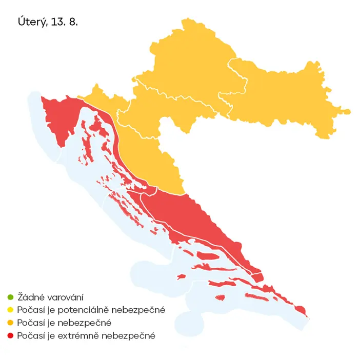 Výstraha před vysokými teplotami v Chorvatsku, 13. 8.