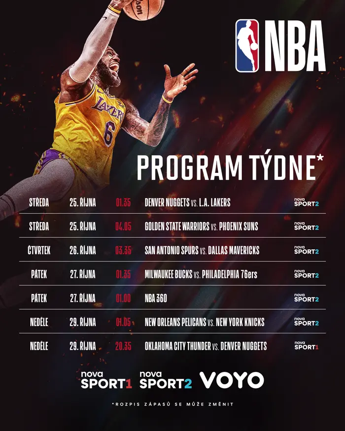 Program 1. týdne NBA na Nova Sport