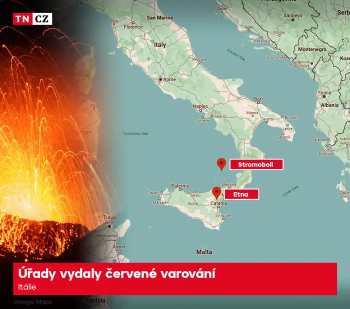 MAPA Erupce sopek Etna a Stromboli na Sicílii