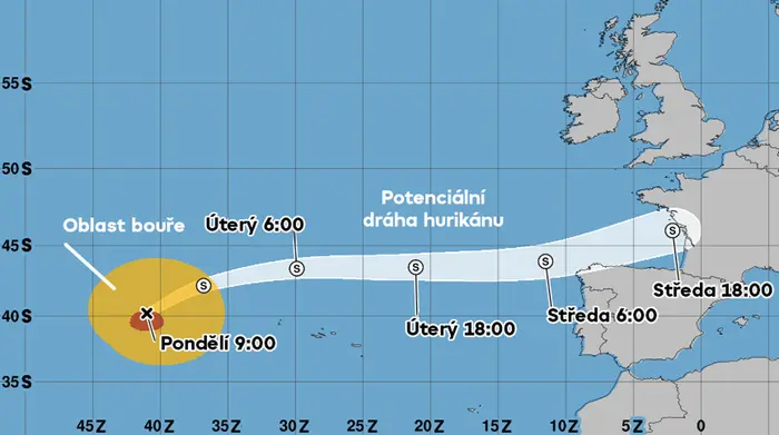Předpokládaná trasa pohybu ex-hurikánu Kirk