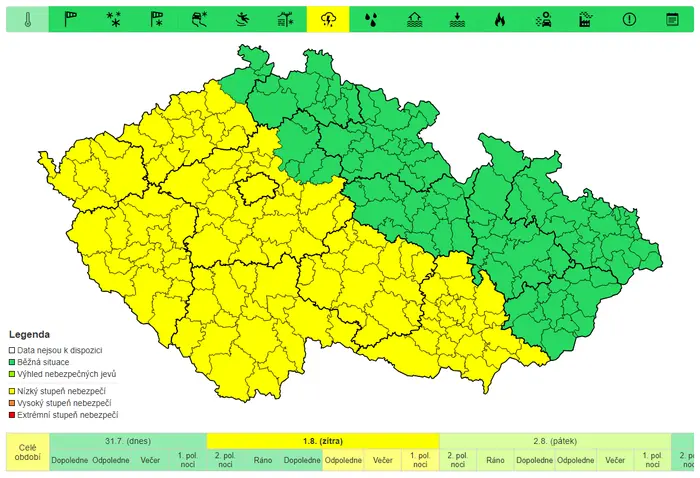 Výstraha před silnými bouřkami, 1. 8. 2024