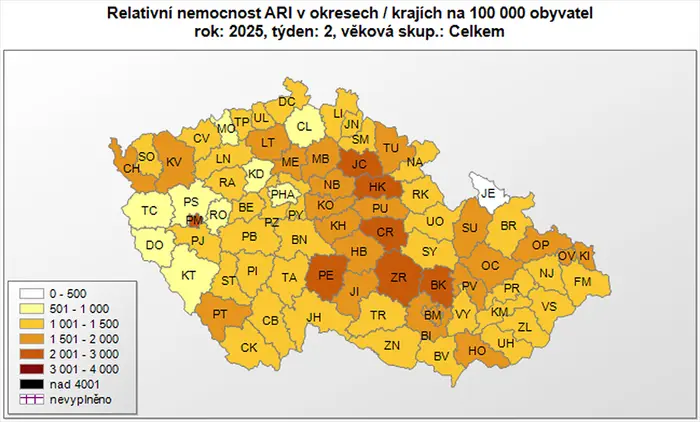 Relativní nemocnost v jednotlivých okresech