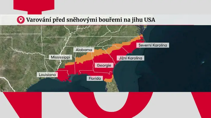 Varování před sněhovými bouřemi na jihu USA
