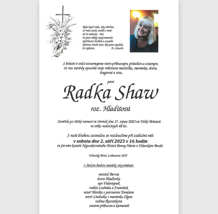 Smuteční oznámení Radky Shaw
