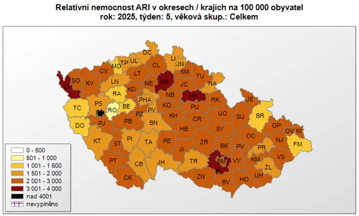 Relativní nemocnost akutních respiračních infekcí v jednotlivých okresech