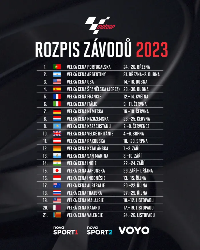 Rozpis závodů MotoGP 2023